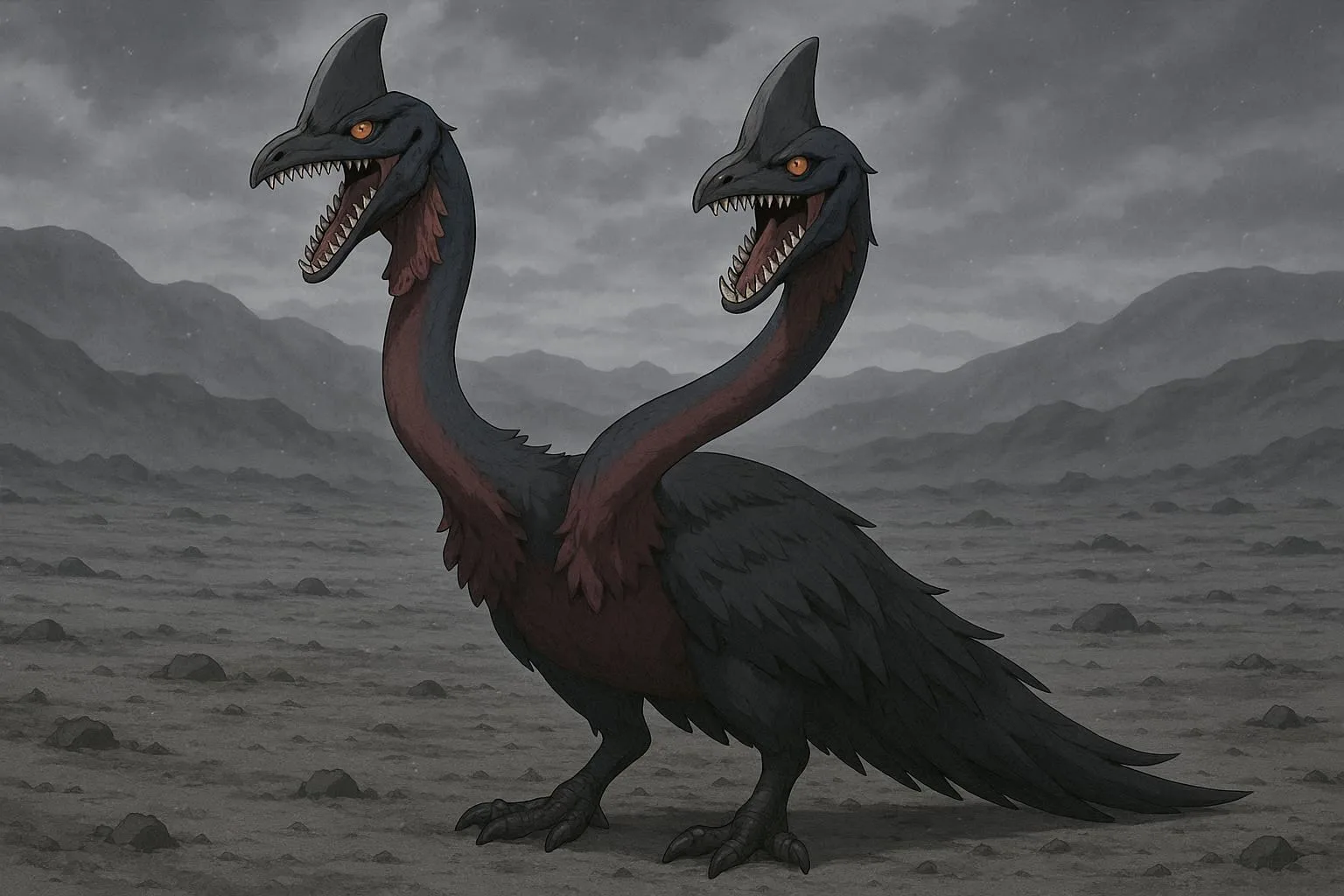 A large, black, two-headed flightless bird with sharp beaks, standing in a grey wasteland.